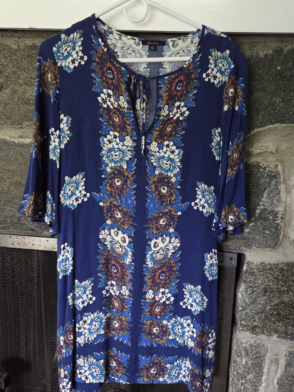 Ella Moss Navy Blue Floral Tie-Neck Tunic